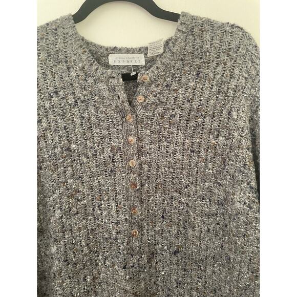 Vtg 90s Express Gray Marked Henley Textured Knit Sweater Fisherman - Picture 4 of 7